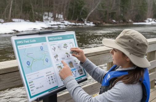 Woman comparing a hand sample to a Headwaters & Marine Stewards Field Guide at a wooden railing overlooking a New Hampshire river with snow on its banks.