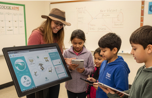 Teacher wearing a boonie hat, in a classroom, showing four children New Hampshire waterway science concepts on a large monitor. The Children are taking notes.