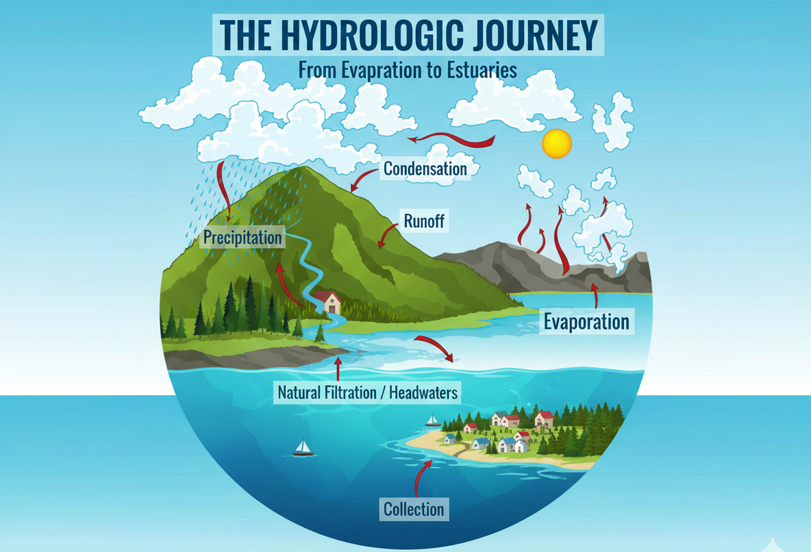 Illustration of New Hampshire's water cycle.